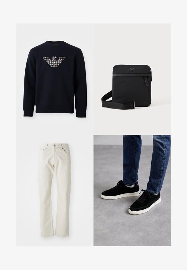 Marineblauwe sweatshirt met ronde hals en lange mouwen, voorzien van een gemarmerd adelaarslogo met de initialen "GA" gecentreerd op de borst.; Lichtbeige jeans van katoen, met een rechte pijp, vijf-pocket stijl en een zilveren metalen knoopsluiting.; Zwarte suede sneakers met een witte rubberen zool, met een klassiek low-top ontwerp, een ronde neus en flat zwarte veters.; Zwarte vierkante schoudertas met ritssluiting, voorvak en verstelbare band met geperste merknaam.