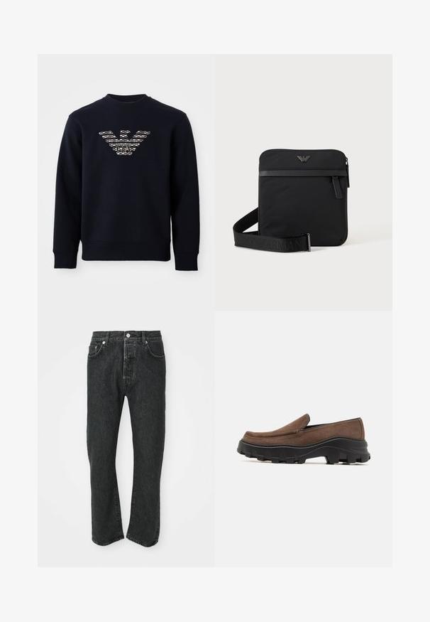 Marineblå crewneck sweatshirt med lange ærmer, der har et mønstret ørnelogo med "GA" initialer centreret på brystet.; Sorte lige bukser i denim med frontknap og lynlås, front- og baglommer synlige på en hvid baggrund.; Brun ruskinds slip-on sko med en tykk sort gummisål, der har markante trækmønstre og et glat, afrundet tådesign.; Sort firkantet skuldertaske med lynlås, frontlomme og justerbar rem med præget brandnavn.