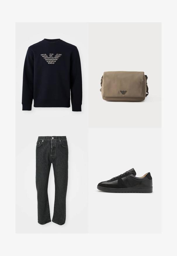 Marineblauwe sweatshirt met ronde hals en lange mouwen, voorzien van een gemarmerd adelaarslogo met de initialen "GA" gecentreerd op de borst.; Zwarte rechte denim jeans met een sluiting aan de voorkant met knoop en rits, met zichtbare voor- en achterkantzakken op een witte achtergrond.; Tiger of Sweden BELLICU - Sneakers laag - black; Rechthoekige taupekleurige crossbodytas met klep en een klein metalen logo-embleem gecentreerd aan de voorkant tegen een witte achtergrond.