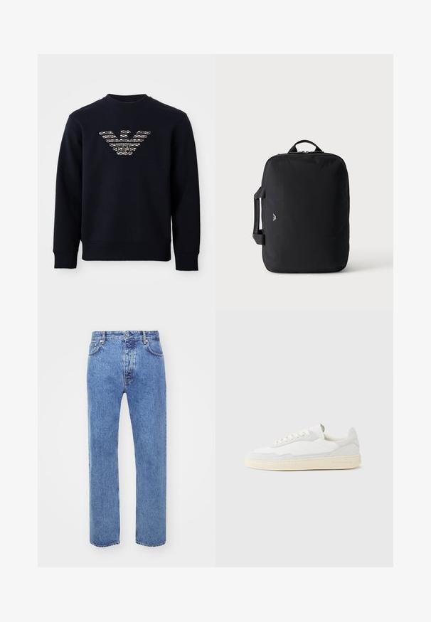 Marineblauwe sweatshirt met ronde hals en lange mouwen, voorzien van een gemarmerd adelaarslogo met de initialen "GA" gecentreerd op de borst.; Won Hundred STEVE - Relaxed fit jeans - cut blue; Witte sneaker met een bovenwerk van gestructureerd suède en leer. Voorzien van een afgeronde neus, vetersluiting en een contrasterende beige rubberen zool.; Zwarte rechthoekige reistas met boven- en zijkanten handvatten, minimalistisch ontwerp en klein logo aan de voorkant tegen een effen lichte achtergrond.