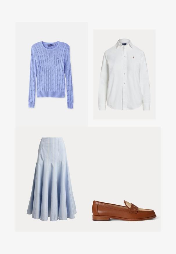 Pull bleu clair en maille torsadée à col rond avec manches longues et petit logo brodé sur la poitrine.; Chemise blanche à manches longues, boutonnée avec col et petit logo brodé sur la poitrine gauche, présentée sur fond uni.; Jupe longue bleu clair avec des fines rayures blanches verticales et des détails à panneaux évasés, présentée sur un fond uni.; Mocassin en cuir marron avec panneau beige tissé sur le dessus, petit talon en bois et design traditionnel à bride penny sur fond blanc.