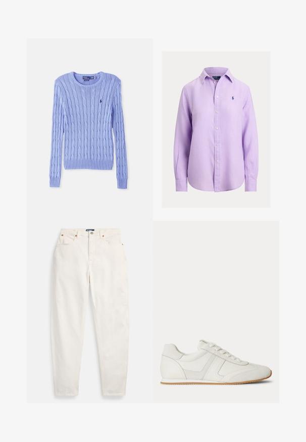 Pull bleu clair en maille torsadée à col rond avec manches longues et petit logo brodé sur la poitrine.; Chemise lavande à manches longues avec boutons, col pointu et petit logo sombre sur le côté gauche de la poitrine.; Jean blanc taille haute à jambes droites, avec bouton et fermeture éclair sur le devant, design à cinq poches et étiquette de marque Polo sur la ceinture.; Baskets basses blanches avec laçage à l'avant, panneaux en daim et cuir, et une semelle en caoutchouc marron clair sur fond blanc.