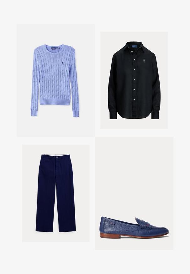 Pull bleu clair en maille torsadée à col rond avec manches longues et petit logo brodé sur la poitrine.; Chemise noire à manches longues avec col, boutons blancs et petit logo Polo Ralph Lauren blanc brodé sur le côté gauche de la poitrine.; Pantalon bleu marine à coupe droite avec passants de ceinture, fermeture à boutons devant et poches latérales sur fond blanc.; Mocassin en cuir bleu texturé avec un petit talon en bois brun et des détails cousus, vu de côté sur un fond uni.