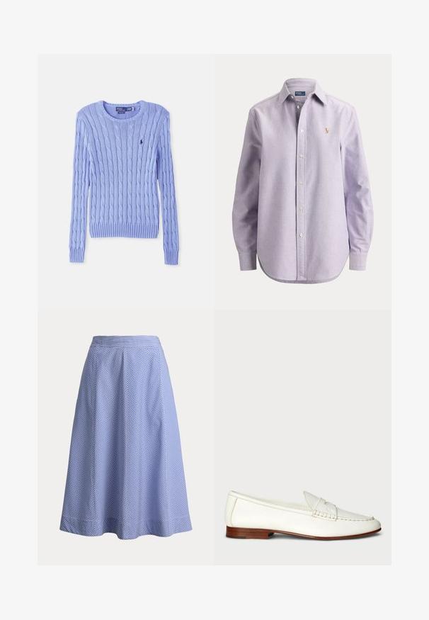 Pull bleu clair en maille torsadée à col rond avec manches longues et petit logo brodé sur la poitrine.; Chemise à manches longues violet clair avec col et petits boutons, avec un petit logo brodé sur le côté gauche de la poitrine, présentée sur un fond uni.; Jupe rayée bleu et blanc longueur genou avec motif diagonal et taille ajustée sur fond blanc.; Mocassins blancs en cuir avec une finition texturée, bout arrondi et accent tressé. Talon en bois bas et design minimaliste.