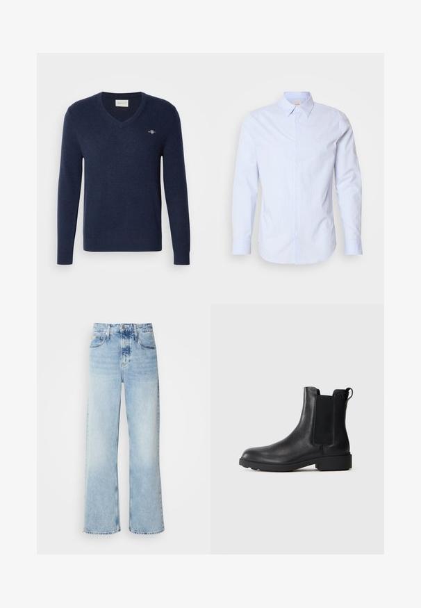 Pull en V bleu marine en tissu tricot doux. Doté de manches longues et d'un petit logo brodé sur la poitrine gauche. Coupe classique.; Chemise bleu clair à boutons avec fines rayures verticales, manches longues et col classique. Présente un petit logo sur la poitrine.; Jean large bleu clair à taille haute, avec une finition délavée, des passants de ceinture et un design classique à cinq poches. L'ourlet est brut.; Bottine noire en cuir avec des panneaux élastiques sur les côtés, une languette au talon, et un petit talon bloc sur fond uni.
