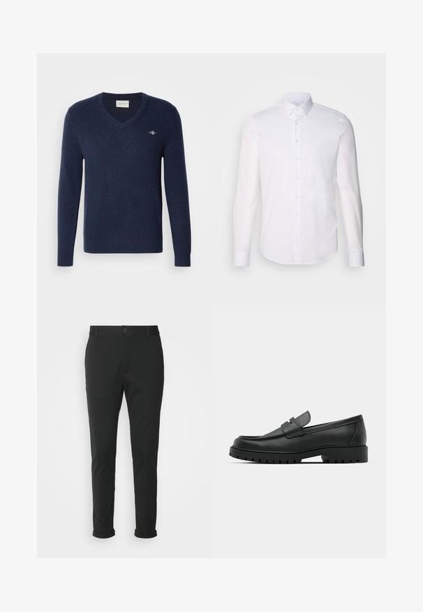 Marineblå V-hals sweater lavet af blødt strikket stof. Den har lange ærmer og et lille broderet logo på venstre bryst. Klassisk pasform.; Hvid langærmet button-up skjorte lavet af bomuld, med en klassisk krave, frontknapper og minimal syning detalje.; Sorte bukser lavet af et glat stof med lige pasform. Har en enkelt knaplukning og opspejdede manchetter.; Sorte læder loafers med rund tå, der har et syet design, lav platformssål og en struktureret, skridsikker gummisål.