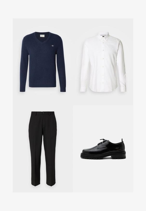 Pull en V bleu marine en tissu tricot doux. Doté de manches longues et d'un petit logo brodé sur la poitrine gauche. Coupe classique.; Chemise blanche à manches longues avec un col boutonné, en tissu lisse, ornée d'un logo subtil sur la poitrine et dotée d'une fermeture à boutons.; Pantalon noir en tissu lisse, présentant une coupe droite, des poches avant, un bouton simple de fermeture et sans motifs visibles.; Chaussure en cuir noir poli à lacets, semelle en caoutchouc épaisse et talon bas, texte de marque "SAMSOE" sur le côté et languette arrière.