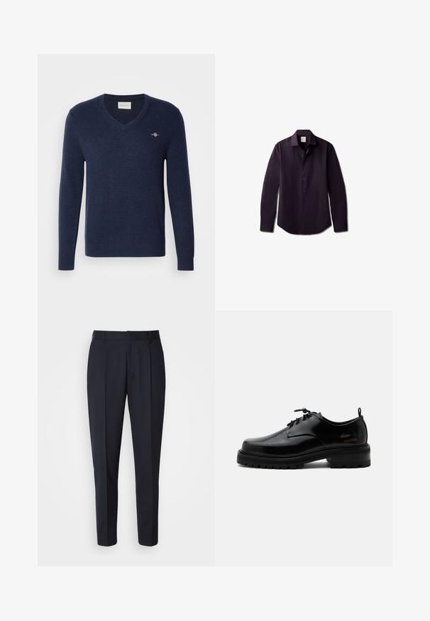 Marineblå V-hals sweater lavet af blødt strikket stof. Den har lange ærmer og et lille broderet logo på venstre bryst. Klassisk pasform.; Langærmet skjorte i mørk lilla, lavet af glat stof. Har knapper foran, blød krave og en buet kant.; BOSS PERIN - Bukser - navy; Sort poleret læder snørestøvle med tyk gummisål og lav hæl, sideskilt med mærketekst "SAMSOE" og bageste træksnor.