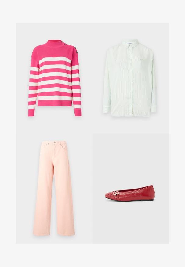 Pull-over en rose et blanc rayé. Doté d'un col montant et de détails en boutons sur l'épaule. Matière en tricot douce avec des bords côtelés.; Chemise à rayures vert clair avec col, manches longues et logo de la marque discret sur la poitrine ; fabriquée à partir d'un tissu lisse.; Jean large rose clair en denim. Caractérisé par une taille haute, des poches avant et une fermeture à boutons. Texture lisse et couture minimale.; Chaussure plate en cuir rouge avec bout pointu, brides décoratives à double boucle et semelle noire, présentée de profil sur fond blanc.