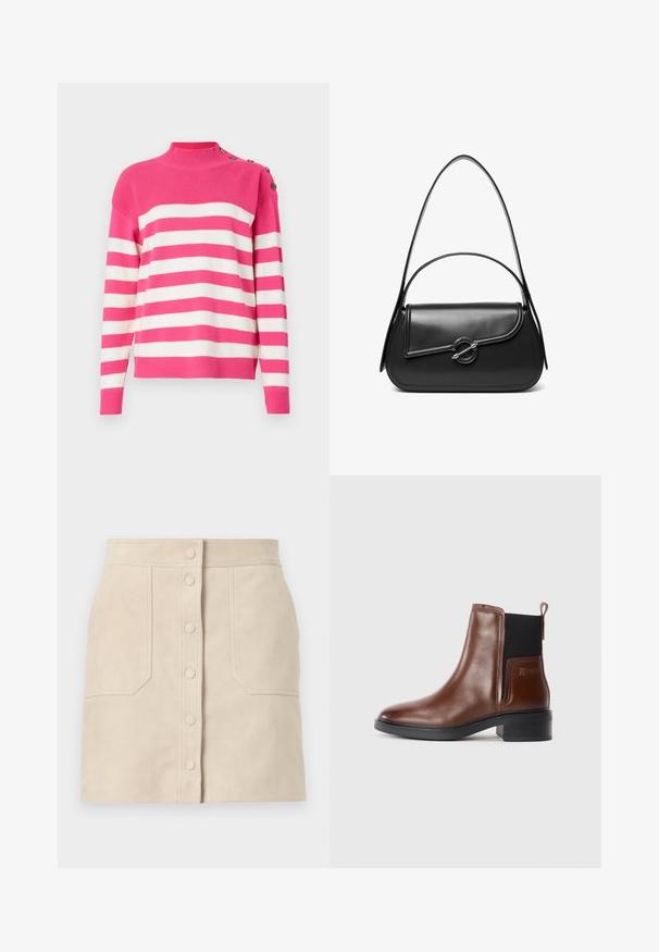Pull-over en rose et blanc rayé. Doté d'un col montant et de détails en boutons sur l'épaule. Matière en tricot douce avec des bords côtelés.; Mini-jupe en daim beige avec boutons-pression à l'avant et deux grandes poches frontales, coupe droite et détails cousus.; Bottine en cuir marron avec un talon plat noir, des panneaux élastiques sur les côtés et une languette à l'arrière pour un enfilage facile. Texture lisse avec un detailing minimal.; Sac à bandoulière en cuir noir avec un rabat incurvé fermé par un fermoir métallique rond et une sangle fine et ajustable.