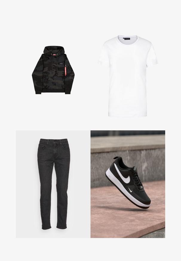 Schwarzer und dunkelgrauer Tarn-Hoodie mit Fronttasche, verstellbaren Kordeln und rotem Reißverschlussanhänger am linken Ärmel.; Weißes Baumwoll-T-Shirt, kurze Ärmel, runder Halsausschnitt, schlichtes Design, weiche Textur, gerader Schnitt, normale Passform, keine sichtbaren Muster oder Akzente.; Schwarze Denim-Jeans mit schlankem Schnitt, ausgestattet mit fünf Taschen, Gürtelschlaufen und subtilen Stitching-Details. Abgenutzte Textur entlang des Stoffes.; Schwarz-weißer Nike Air Force 1 Sneaker, der über einer rosa Betonfläche mit grauem Stein-Hintergrund schwebt.