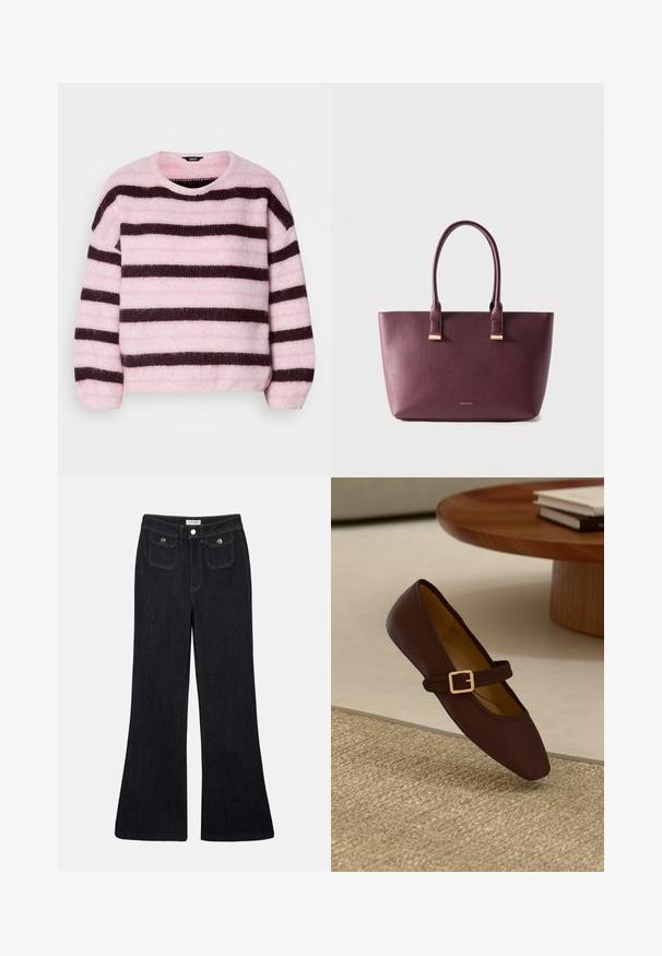 Pull rayé rose et marron avec un col rond, en matériau doux et pelucheux, doté de manches longues et d'une coupe décontractée.; Jeans en denim foncé évasés avec une taille haute, deux poches avant et des coutures orange. Le matériau semble robuste et lisse.; Chaussure plate en cuir marron avec un bout pointu et une sangle décorative ornée d'une boucle en or. Fond en texture tissée beige chaud.; Sac fourre-tout en cuir violet foncé avec deux poignées et petit logo de marque doré sur le devant, posé sur un fond clair uni.