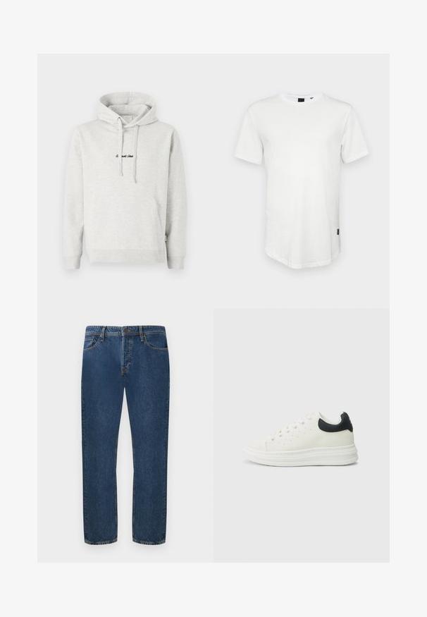 Lysegrå hættejakke med kengurulomme, snoretræk i hætten og broderet tekst i sort på fronten. Stoffet er en bomuldsblanding, ribbede manchetter.; Hvid kortærmet t-shirt lavet af bomuld, med rund halsudskæring og en let forlænget ryg, samt en lille logoaccent på siden.; Mørkeblå denim jeans med lige pasform, der har fem lommer og knaplukning. Stoffet har en synlig struktur og subtil stribing.; Hvid lædersneaker med sort hælafslutning, rund tå, flad hvid sål og snørelukning. Minimale perforeringer på siderne.