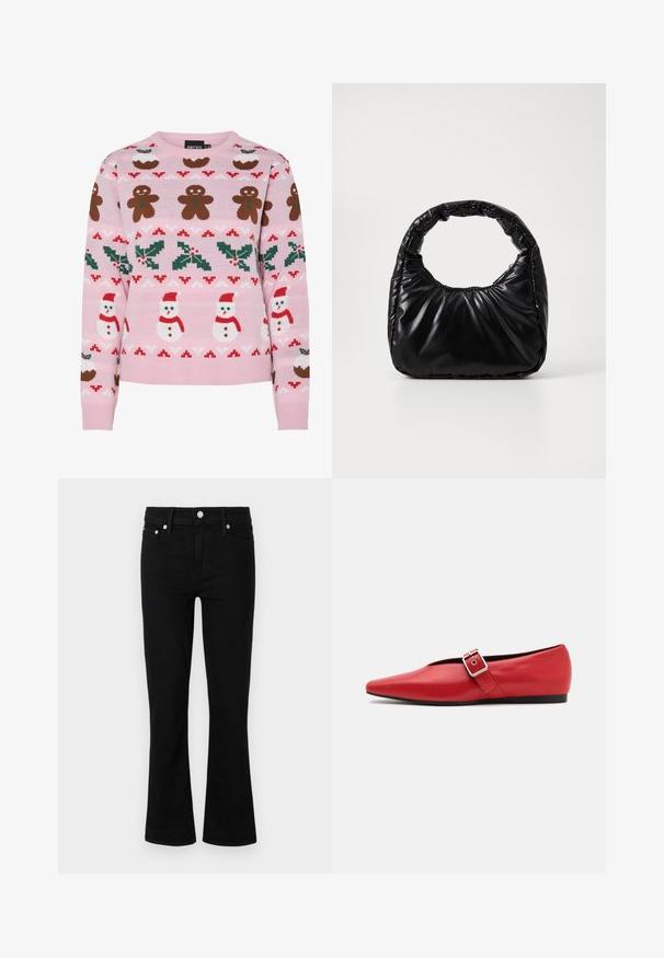 Pieces Christmas PCJOLLY XMAS - Pullover - prism pink; Jean en denim noir évasés avec une taille ajustée, design à cinq poches et accents en métal argenté, présentant une texture lisse et une longueur standard.; Ballerine en cuir rouge avec une pointe pointue, comportant une lanière sur le côté avec une boucle en métal et un petit talon noir. Texture lisse sur l'ensemble.; Sac à main noir rembourré avec une poignée arrondie, présentant une surface lisse et brillante ainsi qu'une texture douce et matelassée. Pas de quincaillerie ou d'accents visibles.
