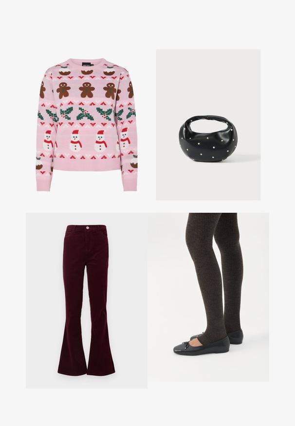 Pieces Christmas PCJOLLY XMAS - Trui - prism pink; Bordeaux corduroy hoge taillebroek met een knoop- en ritssluiting, voorzakken en uitlopende benen.; Benen met donkere geribbelde leggings gecombineerd met zwarte ballerina's met kleine strikdetails op een witte achtergrond.; Zwarte leren handtas met een afgeronde vorm, versierd met zilveren studs, en een korte handgreep. Gladde textuur en ritsluiting.