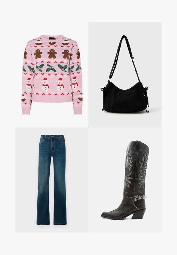 Pieces Christmas PCJOLLY XMAS - Pullover - prism pink; Jeans bleu marine taille haute avec une coupe droite. Fabriqués en denim, avec des coutures contrastées et un classique design à cinq poches.; Botte de cowboy en cuir noir avec découpes décoratives, boucle argentée et talon incliné, présentée sur fond blanc.; Sac à épaule en velours côtelé noir avec une forme courbée, bandoulière réglable et fermetures à cordon des deux côtés pour un ajustement de taille.