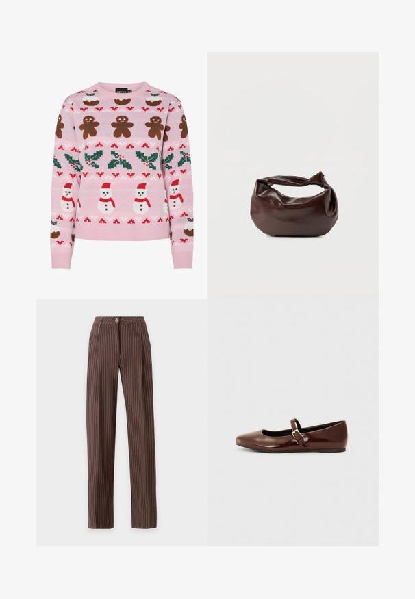 Pieces Christmas PCJOLLY XMAS - Trui - prism pink; Bruine broek met rechte pijpen, dunne verticale witte krijtstrepen en een knoopsluiting in de taille.; Bruine gepatineerde leren balletschoen met een vierkante neus en een bandje met een kleine gouden gesp. Gladde textuur, lage hak en minimalistisch ontwerp.; Donkerbruine leren schoudertas met een zachte, slungelige vorm en een gedraaide knoopvormige handgreep op een effen witte achtergrond.
