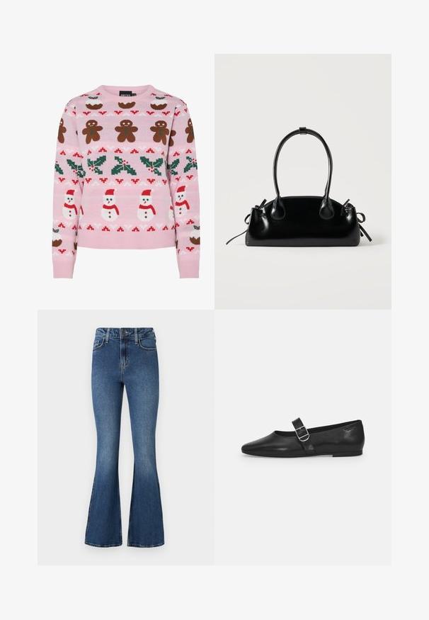Pieces Christmas PCJOLLY XMAS - Pullover - prism pink; Jean évasé en denim bleu à taille haute, avec un design standard à cinq poches et une fermeture à bouton. Texture douce avec des détails légèrement décolorés.; Chaussure plate en cuir noir avec un bout arrondi, une seule sangle réglable à boucle et une texture lisse et brillante. Design minimaliste avec un petit talon.; Petit sac à main noir brillant avec deux longues anses et des détails à cordon sur les côtés sur un fond clair uni.