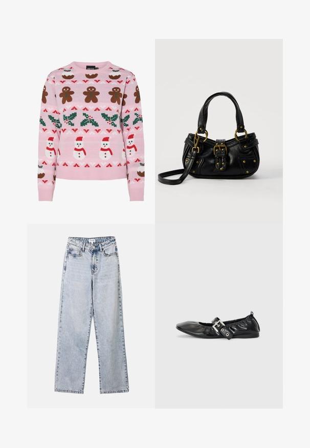 Pieces Christmas PCJOLLY XMAS - Pullover - prism pink; Jean droit bleu clair en denim, doté de deux poches avant, d'une fermeture à bouton et de coutures contrastées le long des coutures.; Chaussure plate en cuir noir avec un nez pointu, des détails froncés autour de l'ouverture et un accent en boucle argentée sur la bride ajustable.; Sac à main en cuir noir avec boucle dorée et détails à rivets, poignées courtes et bandoulière réglable sur fond blanc uni.