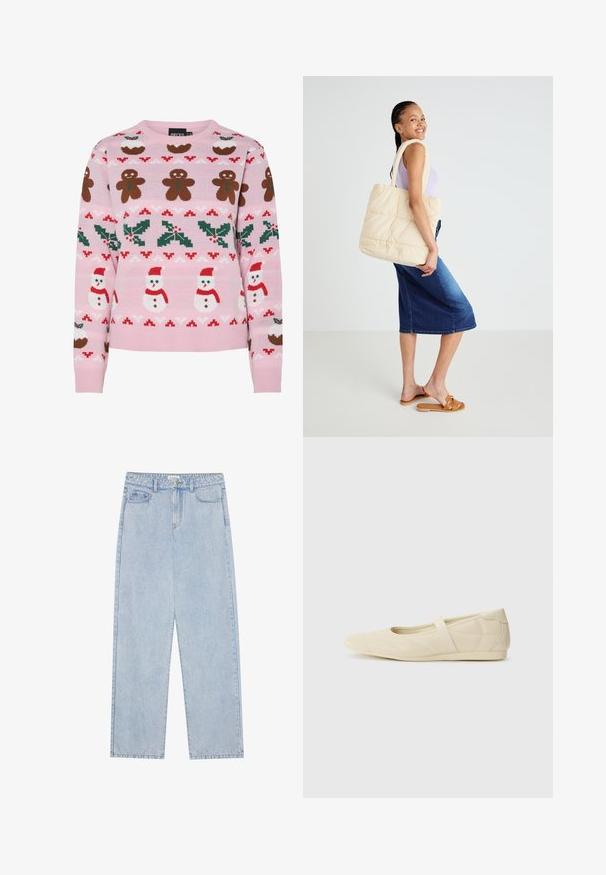 Pieces Christmas PCJOLLY XMAS - Pullover - prism pink; Jeans en denim bleu clair taille haute, avec une coupe droite, cinq poches et des coutures visibles. Le matériau a une texture de lavage classique.; Ballerines beiges avec une exterior en cuir lisse, un bout en forme d'amande et une sangle élastique sur le coup de pied, avec des détails de couture subtils.; Sac en toile beige matelassé avec de larges poignées, design spacieux et texture douce, porté par une personne vêtue d'un haut violet clair et d'une jupe en denim bleue.