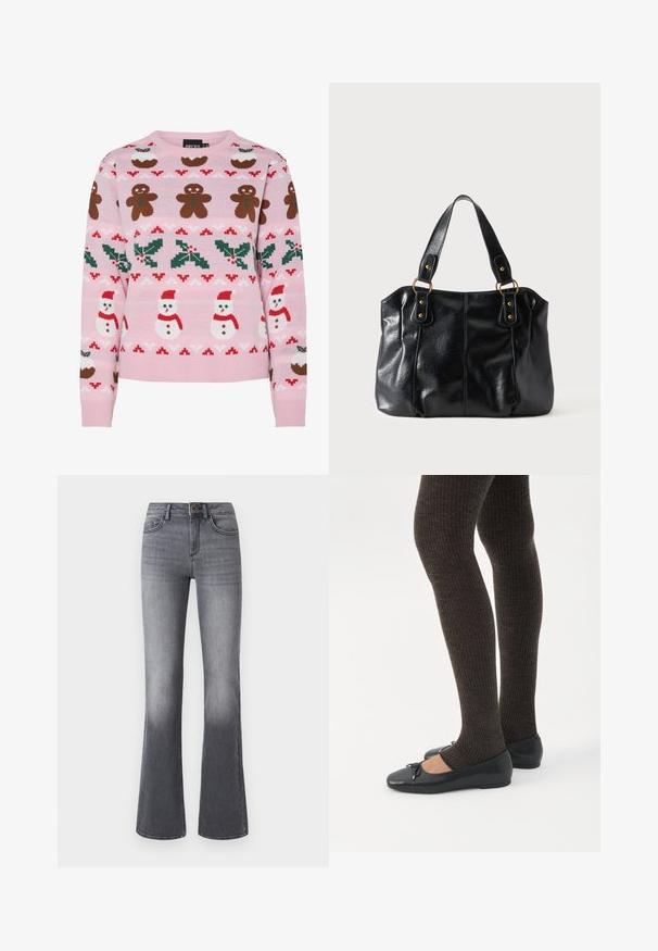 Pieces Christmas PCJOLLY XMAS - Pullover - prism pink; Jean flare taille haute en denim gris foncé, avec poches frontales, fermeture à bouton et légère décoloration vers l'ourlet.; Jambes portant des leggings côtelés foncés associés à des ballerines noires avec de petits détails en nœud sur fond blanc.; Sac à épaule en cuir noir avec double anses attachées par des anneaux et rivets dorés, surface lisse et légèrement brillante, design simple.
