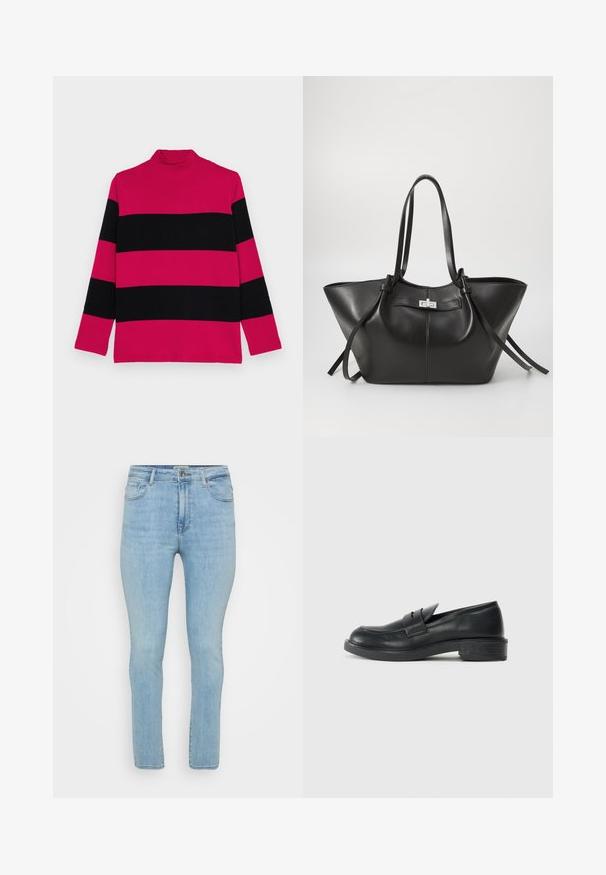 Vaaleanpunainen ja musta raidallinen korkeakaula-aukko, jossa on pitkät hihat, ribbikuvio ja istuva kaulus.; Vaaleansinisen denim-kankaan farkut, joissa on slim fit -malli. Niissä on viisi taskua, vyölenkit sekä tavallinen vetoketju nappikiinnityksellä.; Musta nahkainen loafers-mallinen kenkä pyöreällä varvalla, ommelluilla yksityiskohdilla ja pienellä korolla. Yksinkertainen pinta ja joustava kumipohja.; Mustat nahkainen kassi, joka on leveä ja kolmiomainen. Varustettu tyylikkäällä metallisella klipsillä, pitkillä kantokahvoilla ja sileällä pinnalla.