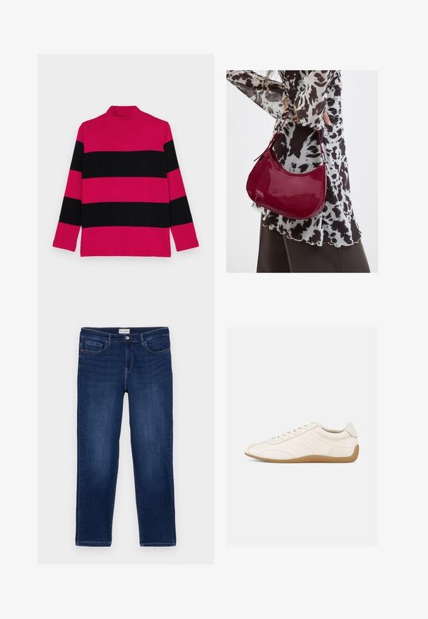 Lilla og sort stribet turtleneck sweater med lange ærmer, ribbet tekstur og tætsiddende krave.; Mørkeblå denim jeans med lige pasform, fem-lomme design, synlige sømme og en metalknaplukning i taljen.; Hvid lædersneaker med en glat tekstur, rund tå og tonale syninger. Har en tanfarvet gummisål og snørebånds-lukning.; Kvinde iført en sort- og hvidmønstret bluse, der holder en blank rød skuldertaske mod en ensfarvet baggrund.