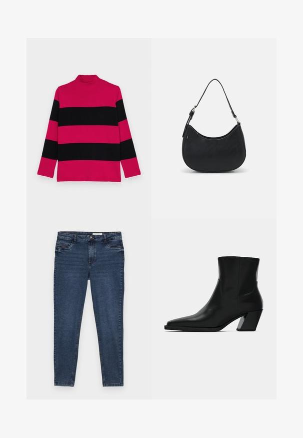 Lilla og sort stribet turtleneck sweater med lange ærmer, ribbet tekstur og tætsiddende krave.; Mørkeblå denim jeans med slim fit, fem lomme-design og guld stikninger. Har en lynlås og knap lukning. Glat tekstur.; Sortlæder ankelstøvle med spids tå, en slank silhuet og en kraftig firkantet hæl. Glat tekstur med minimale stikninger.; Sort hobo taske lavet af glat læder med en buet silhuet, der har en enkelt justerbar skulderrem og minimalistiske designdetaljer.