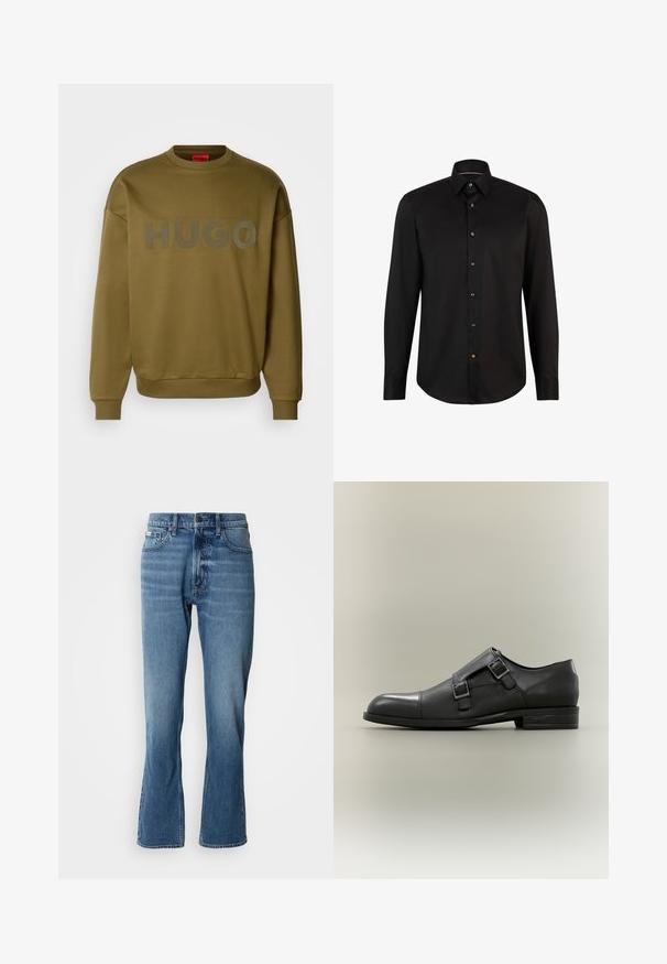 Olijfgroene sweatshirt met ronde hals, ribbelmanchetten en groot, mat logo dat "HUGO" over de voorkant leest. Zachte textuur, relaxte pasvorm.; Zwarte longsleeve shirt van gladde stof, met een knoopsluiting aan de voorkant met contrasterende knopen en een klassiek kraagontwerp.; Lichtblauwe denim jeans met een rechte snit en een lichte flare. Beschikt over vijf zakken, een knoopsluiting en subtiele wassingdetails.; Zwarte leren herenschoen met dubbele monkriem, textuurgedeelte in het midden en gepolijste neuskap, platte zool en een gegraveerd merk op de hiel.