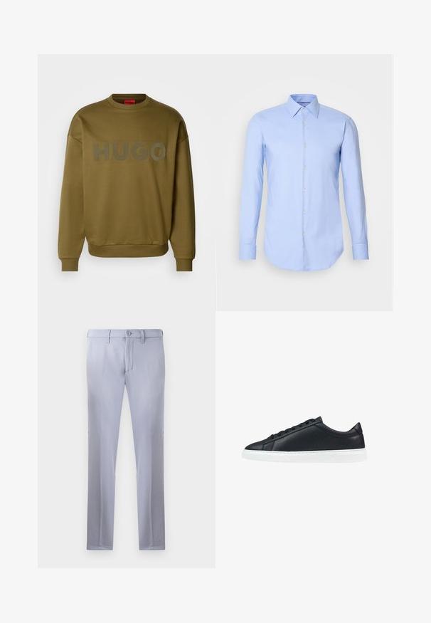 Olivengrøn sweatshirt med rund hals, ribbede manchetter og stort, mat logo med teksten "HUGO" på forsiden. Blød tekstur, afslappet pasform.; Lys blå langærmet skjorte lavet af bomuld, med knaplukning foran, krave og rundet kant. Glat tekstur uden mønstre.; Lysegrå skræddersyede bukser lavet af glat stof, med knaplukning, bæltestropper og lige ben. Ingen synlige lommer.; Sort lædersneaker med en glat tekstur, hvid gummisål og seks huller til snørebånd. Minimalistisk design, rundet tå og ventilationshuller.
