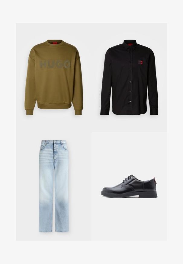 Olivengrøn sweatshirt med rund hals, ribbede manchetter og stort, mat logo med teksten "HUGO" på forsiden. Blød tekstur, afslappet pasform.; Sort langærmet skjorte lavet af glat stof, med knaplukning, klassisk krave og en lille rød mærke-patch på brystet.; Lyseblå, højtaljede jeans med rette ben, forlommer, bæltestropper og knaplukning.; Sorte snørestøvler i læder med glat tekstur, rundet tå og diskrete syningsdetaljer. Har en rød trækflig på hælen.