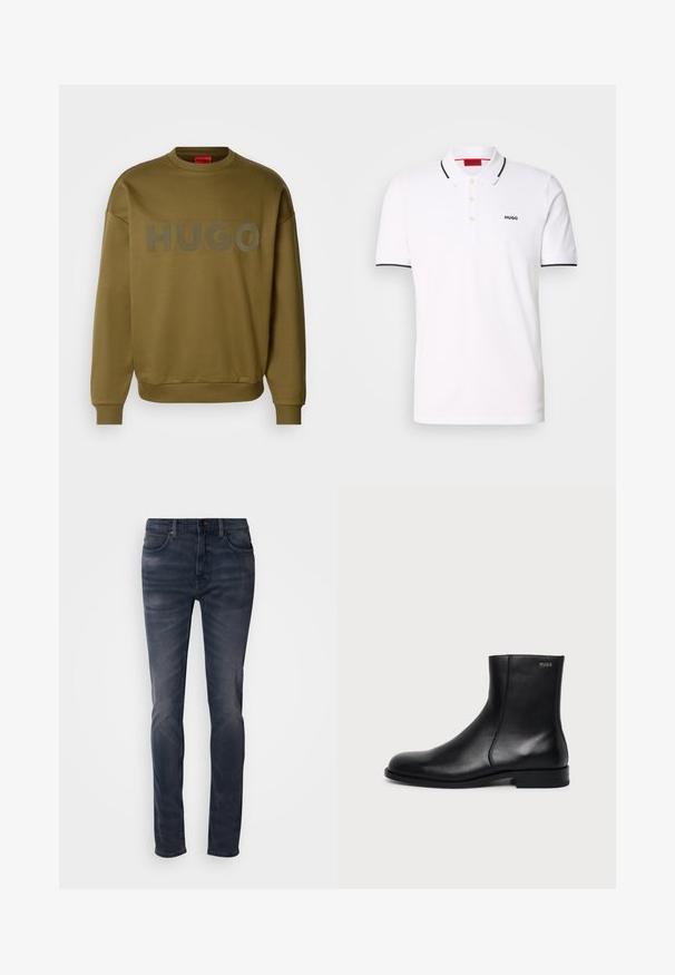 Olivengrøn sweatshirt med rund hals, ribbede manchetter og stort, mat logo med teksten "HUGO" på forsiden. Blød tekstur, afslappet pasform.; Hvid polo skjorte lavet af bomuld, med en klassisk krave, tre-knap lukning, sort kant på ærmerne og et lille sort logo på brystet.; Mørkevaske denimjeans med en slank pasform, med knaplukning, fem lommer og diskret falming. Straight-leg design med glat tekstur.; Sort læderankelstøvle med lav hæl, sidesyning og lille "HUGO" logo på den øverste manchet mod en ensfarvet baggrund.