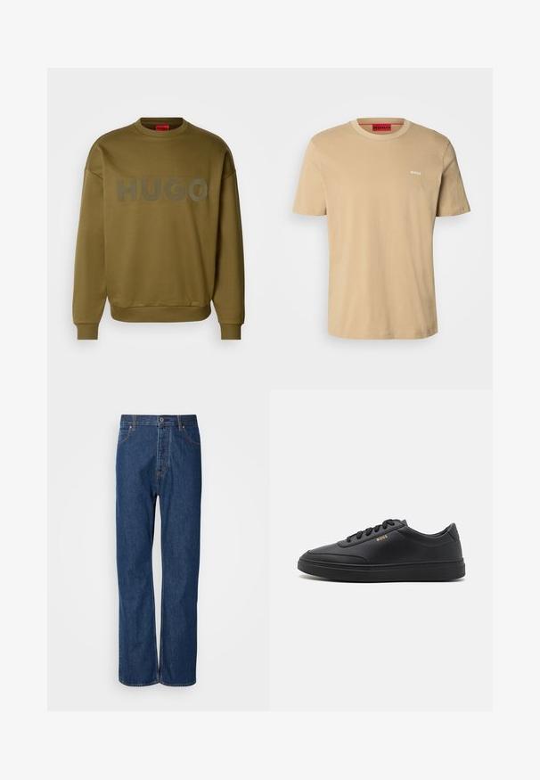 Olivengrøn sweatshirt med rund hals, ribbede manchetter og stort, mat logo med teksten "HUGO" på forsiden. Blød tekstur, afslappet pasform.; Beige bomulds t-shirt med rund halsudskæring, korte ærmer og et lille hvidt "HUGO" logo på brystet. Glat tekstur uden mønstre.; Blå denim jeans med lige ben, der har en knaplukning, fem lommer og kontraststikninger langs sømmene.; Sorte lædersneakers med en glat overflade, rund tå, flad gummisål og tonede snørebånd. Udstyret med guld "BOSS" branding på siden.