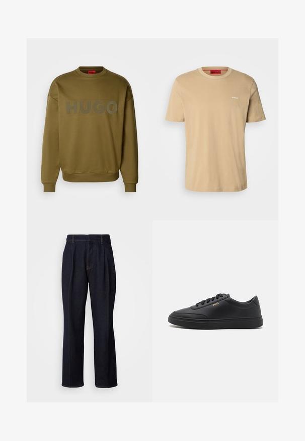 Olivengrøn sweatshirt med rund hals, ribbede manchetter og stort, mat logo med teksten "HUGO" på forsiden. Blød tekstur, afslappet pasform.; Beige bomulds t-shirt med rund halsudskæring, korte ærmer og et lille hvidt "HUGO" logo på brystet. Glat tekstur uden mønstre.; Mørkeblå vidde denim jeans med frontfældninger og orange syninger, vist på hvid baggrund.; Sorte lædersneakers med en glat overflade, rund tå, flad gummisål og tonede snørebånd. Udstyret med guld "BOSS" branding på siden.