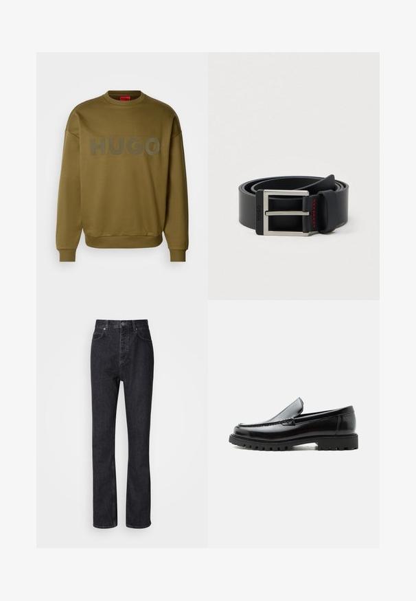 Olivengrøn sweatshirt med rund hals, ribbede manchetter og stort, mat logo med teksten "HUGO" på forsiden. Blød tekstur, afslappet pasform.; Høj talje sorte denim jeans med knap- og lynlåsåbning, for- og baglommer samt lige ben.; Sort læderloafer med chunky gummisål, syet overdel og præget mærkenavn på hælen, vist i sideprofil på hvid baggrund.; Sort læderbælte rullet sammen med en sølvfarvet rektangulær metalspænde og røde syninger nær spændeløkken.
