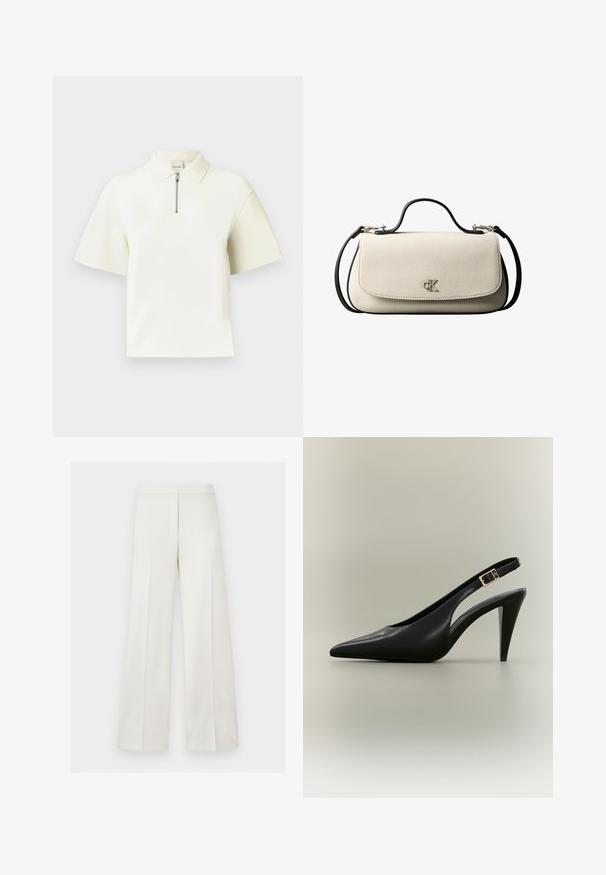 Polo à manches courtes blanc, doté d'un col zippé, tissu lisse, coupe moderne et coupe décontractée. Design simple et épuré.; Pantalon blanc taille haute à jambes larges avec fermeture éclair dissimulée à l'avant et design minimaliste sur fond uni.; Escarpin à bride arrière en cuir noir avec bout pointu, boucle dorée et talon effilé sur un fond neutre.; Sac à main rectangulaire crème avec bandoulière et poignée noires, fermeture à rabat à l'avant, et petit logo argenté « cK » au centre devant.