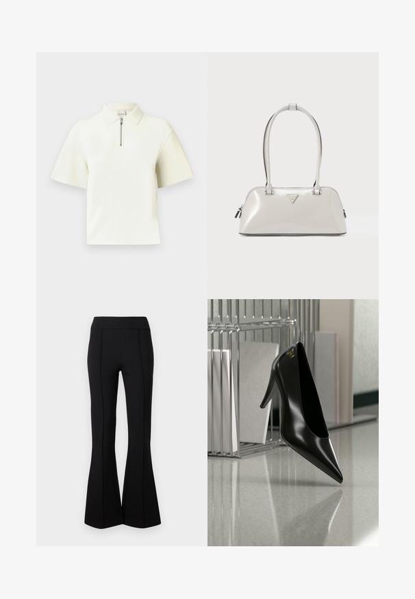 Polo à manches courtes blanc, doté d'un col zippé, tissu lisse, coupe moderne et coupe décontractée. Design simple et épuré.; Pantalon noir à taille haute évasé avec des coutures verticales à l'avant et des jambes larges, présenté sur un fond clair uni.; Chaussure noire à talon haut avec bout pointu et logo doré, posée sur une surface réfléchissante près d'un organiseur de dossiers en fil chromé contenant des documents.; Sac à main gris clair brillant de forme arrondie, avec deux poignées et un logo triangulaire. Il dispose d'une fermeture éclair et de détails métalliques.