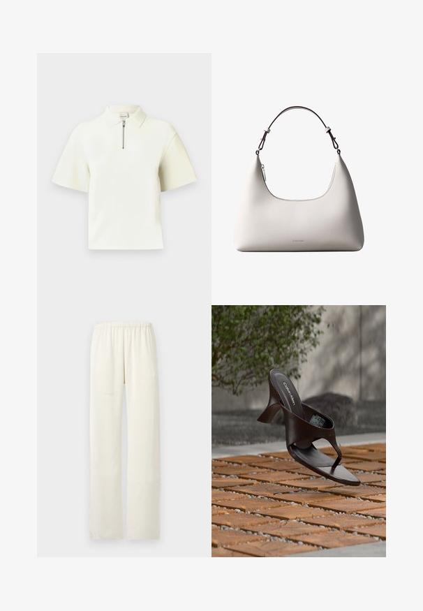 Polo à manches courtes blanc, doté d'un col zippé, tissu lisse, coupe moderne et coupe décontractée. Design simple et épuré.; Pantalon droit de couleur crème avec une ceinture élastique, sans poches visibles ni ornements.; Sandale à talon marron Calvin Klein suspendue au-dessus d'un sol extérieur en dalles de bois et gravier avec un arrière-plan flou de verdure et de pierres.; Sac à bandoulière en cuir couleur crème de Calvin Klein avec bord supérieur incurvé, fermeture éclair argentée et sangle ajustable brun foncé.