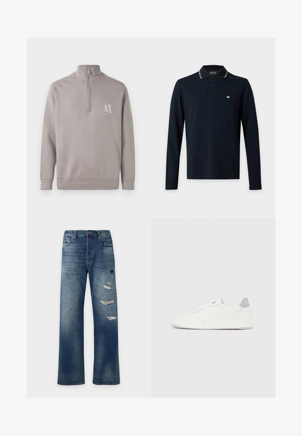 Pull-over gris clair à zip quart, fabriqué en matériau doux, avec un petit logo blanc sur la poitrine et des poignets et une taille élastiqués.; Polo bleu marine à manches longues avec deux boutons, logo blanc sur la poitrine et col à fines rayures blanches et beiges.; Jean en denim bleu coupe droite avec des zones délavées et plusieurs patches usés sur l'avant des cuisses et des genoux.; Baskets basses blanches avec un onglet de talon gris, des lacets blancs et une semelle texturée, présentées sur un fond uni clair.