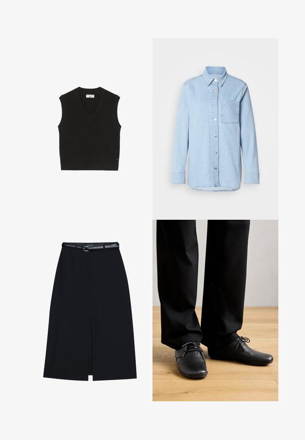 T-shirt sans manches noir en maille avec une texture côtelée, un décolleté en V et une petite étiquette de marque à l'avant.; Chemise en denim bleu clair avec un devant à boutons, un col pointu, une poche poitrine unique et des manches longues avec des poignets à boutons.; Jupe noire à mi-cuisse avec une fente frontale, fabriquée en tissu lisse. Comprend une fine ceinture noire avec une boucle en argent et des passants.; Personne portant des chaussures noires et un pantalon noir se tenant sur un sol en bois clair devant un fond uni.