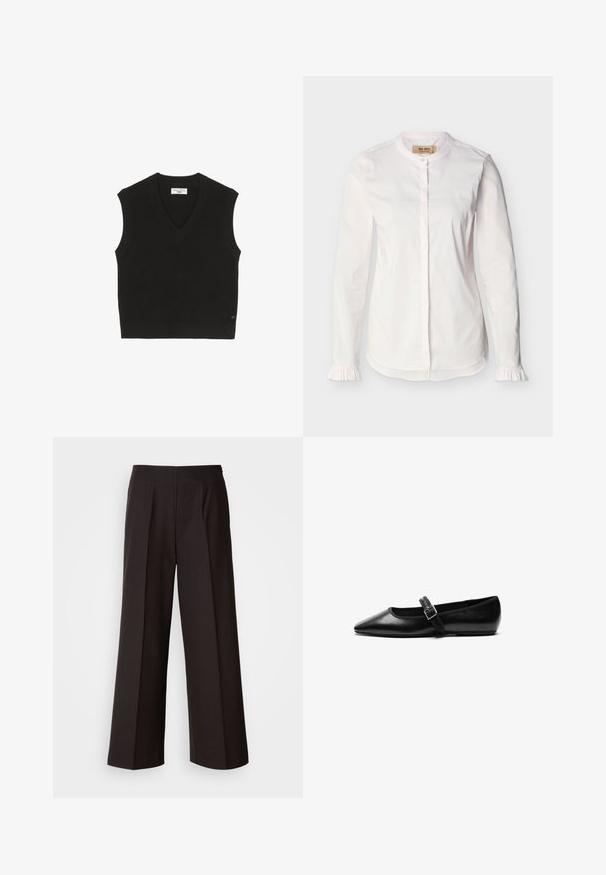 T-shirt sans manches noir en maille avec une texture côtelée, un décolleté en V et une petite étiquette de marque à l'avant.; Blouse blanche à manches longues avec col mao, patte de boutonnage dissimulée, fines rayures verticales et poignets à volants, présentée sur un fond uni.; Pantalons noirs à jambes larges avec un devant plat, des plis et une texture de tissu lisse. Caractéristiques d'une taille haute et d'une coupe ajustée pour un fit structuré.; Chaussure noire plate en cuir avec un bout pointu, bride réglable avec une boucle en métal, texture lisse et design minimaliste.