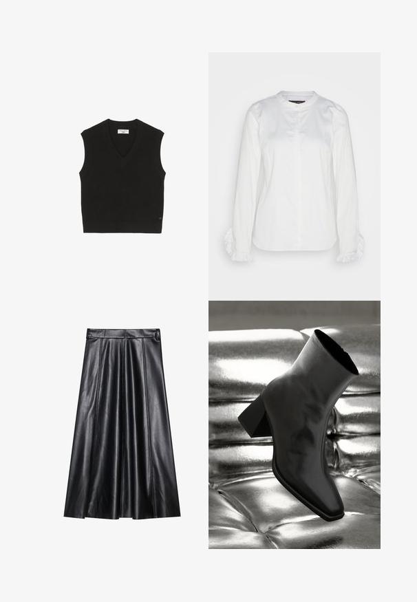 Top sin mangas de punto negro con textura acanalada, diseño de escote en V y una pequeña etiqueta de marca en la parte frontal.; Camisa blanca de botones hecha de tela suave, con un cuello redondo y puños con volantes. Diseño clásico con mangas largas.; Falda de cuero negro en corte A con plisados, con una textura suave, cinturilla ajustada y detalles de costura visibles. Sin acentos adicionales.; Botín negro de tobillo hecho de material brillante, con punta cuadrada y tacón cónico, contra un fondo plateado brillante con almohadillado.