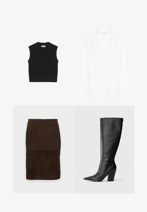 T-shirt sans manches noir en maille avec une texture côtelée, un décolleté en V et une petite étiquette de marque à l'avant.; Chemise blanche à manches longues avec col classique et coupe régulière. Fabriquée en tissu lisse, avec huit boutons sur le devant.; Jupe crayon en daim marron foncé avec des détails de coutures visibles, longueur genoux, présentée sur un fond clair.; Botte en cuir noire à hauteur de genou avec bout pointu et talon large, présentée en profil latéral gauche sur fond blanc.