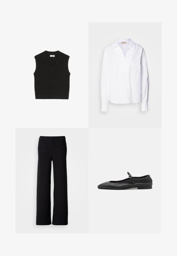 Top sin mangas de punto negro con textura acanalada, diseño de escote en V y una pequeña etiqueta de marca en la parte frontal.; Camisa blanca de manga larga hecha de una tela ligera texturizada, con escote en V, cuello oversized y sutiles rayas verticales.; Pantalones anchos negros con rayas verticales, confeccionados en una tela texturizada. Presentan una cintura elástica para mayor comodidad.; Bailarinas de cuero negro con punta redonda, escote estrecho y una pequeña correa en el tobillo con una hebilla circular. Suela baja y plana.