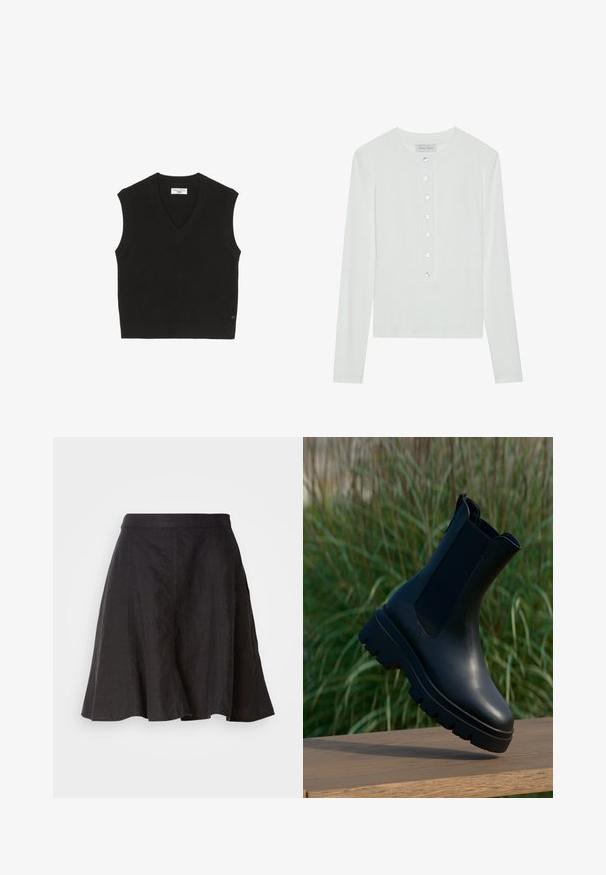 Top sin mangas de punto negro con textura acanalada, diseño de escote en V y una pequeña etiqueta de marca en la parte frontal.; Top blanco de manga larga hecho de tela acanalada, con un cuello redondo y un cierre frontal abotonado con seis botones transparentes.; Falda de lino negra con un diseño acampanado, que presenta una cinturilla y costuras. La tela tiene un acabado ligeramente texturizado y llega hasta la rodilla.; Botines de cuero negro con un diseño elegante, punta redonda, paneles laterales elásticos y suelas gruesas de goma texturizada.