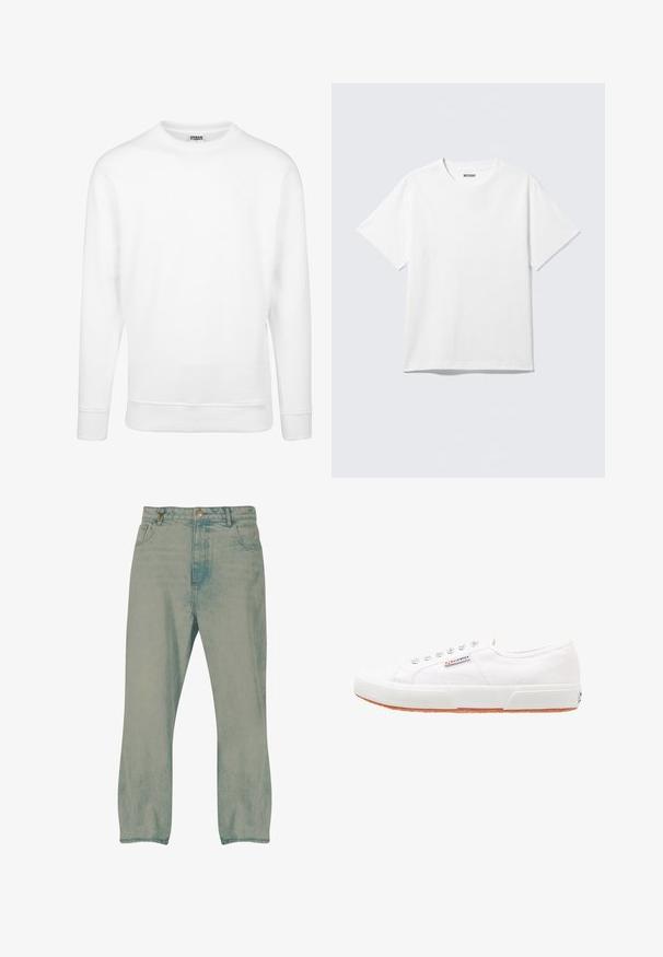 Witte sweatshirt van zachte stof. Beschikt over lange mouwen, een ronde halslijn, geribbelde manchetten en zoom. Eenvoudig en minimalistisch ontwerp.; Witte T-shirt met korte mouwen en ronde hals, plat gelegd, effen ontwerp, met een "WEEKDAY" label in de kraag op een lichte achtergrond.; Lichtblauwe rechte jeans met knopen aan de voorkant, riemlussen en voorzakken, weergegeven tegen een witte achtergrond.; Witte canvas sneakers met een rubberen zool, vetersluiting en een klein logolabel aan de zijkant. Gewreven wit bovenwerk en een bruine zool.