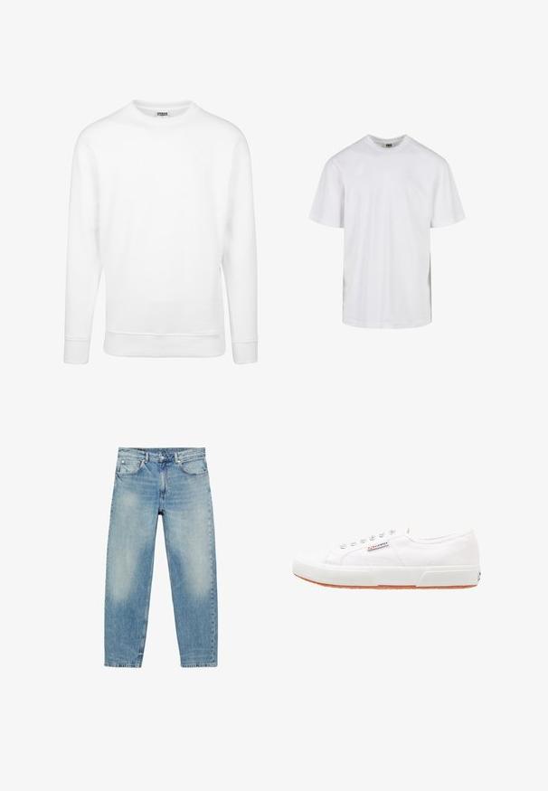 Witte sweatshirt van zachte stof. Beschikt over lange mouwen, een ronde halslijn, geribbelde manchetten en zoom. Eenvoudig en minimalistisch ontwerp.; Eenvoudig wit T-shirt met korte mouwen en ronde hals, met een losse pasvorm, afgebeeld tegen een witte achtergrond.; Jeans met rechte pijpen van blauwe denim, met voorzakken en riemlussen, met lichte vervaagde details op dijen en knieën.; Witte canvas sneakers met een rubberen zool, vetersluiting en een klein logolabel aan de zijkant. Gewreven wit bovenwerk en een bruine zool.
