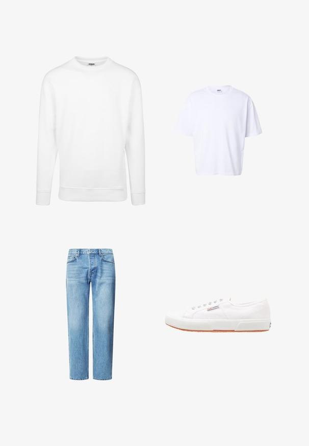 Witte sweatshirt van zachte stof. Beschikt over lange mouwen, een ronde halslijn, geribbelde manchetten en zoom. Eenvoudig en minimalistisch ontwerp.; Effen witte katoenen T-shirt met korte mouwen, ronde hals, losse pasvorm en Urban Classic merklabel aan de binnenkant van de kraag.; Lichtblauwe denim jeans met een rechte pijp, vijf zakken en een klassieke knoop- en ritssluiting. Fijne vervagingstekstuur over het geheel.; Witte canvas sneakers met een rubberen zool, vetersluiting en een klein logolabel aan de zijkant. Gewreven wit bovenwerk en een bruine zool.