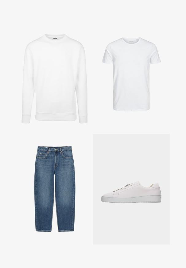 Witte sweatshirt van zachte stof. Beschikt over lange mouwen, een ronde halslijn, geribbelde manchetten en zoom. Eenvoudig en minimalistisch ontwerp.; Ronde hals kortemouwen t-shirt in effen wit, gemaakt van zachte katoen, heeft een eenvoudig ontwerp zonder zichtbare patronen of accenten.; Blauwe rechte spijkerbroek met knoop en rits aan de voorkant, riemlussen en vijf zakken op een witte achtergrond.; Witte leren lage sneaker met witte veters, platte geribbelde rubberen zool en minimale stiksels, gezien vanaf de buitenkant tegen een witte achtergrond.