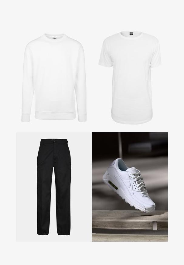 Sweatshirt blanc en tissu doux. Doté de manches longues, d'un col rond, de poignets et d'un ourlet côtelés. Design simple et minimaliste.; T-shirt blanc à manches courtes en coton, avec un col rond classique, une coupe décontractée et sans motifs ni logos visibles.; Pantalons cargo noirs avec une coupe droite, dotés de poches latérales, d'une fermeture à bouton et de poignets élastiques aux chevilles. Fabriqués en tissu résistant.; Baskets blanches en cuir avec des surfaces texturées, un col rembourré et un amorti d'air visible dans la semelle. Elles possèdent des lacets et un design minimaliste.